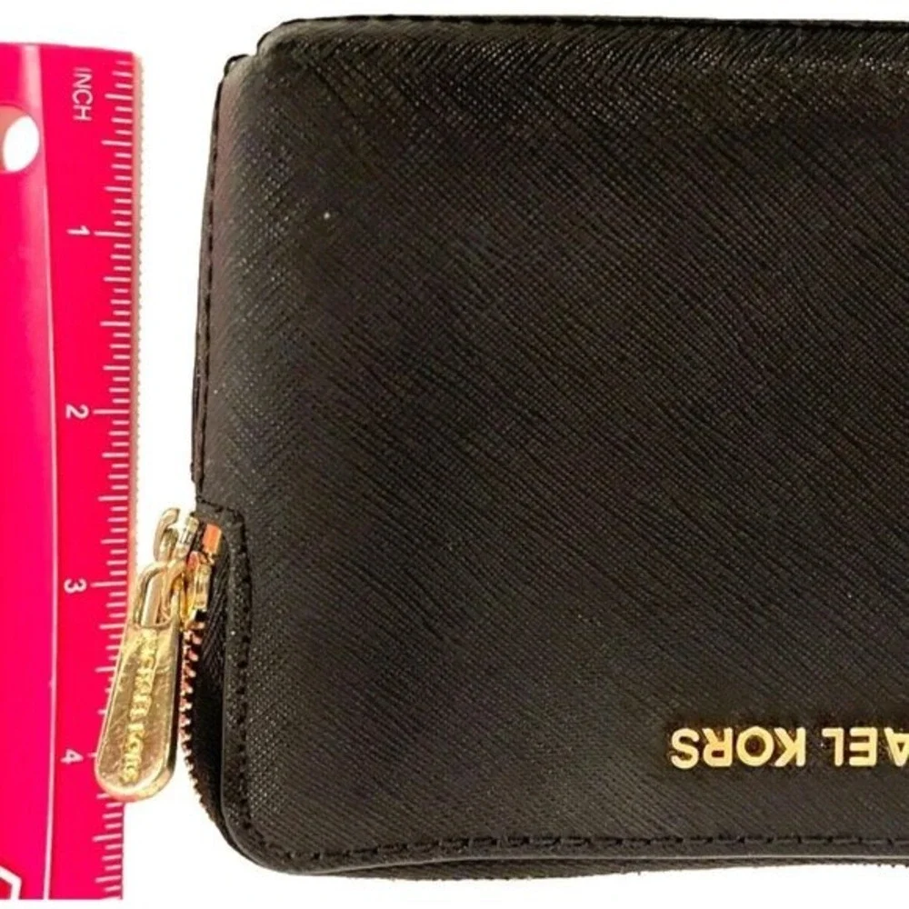 Michael Kors Black Leather Double Zip Wristlet‎ Wallet Clutch Purse Gold Tone